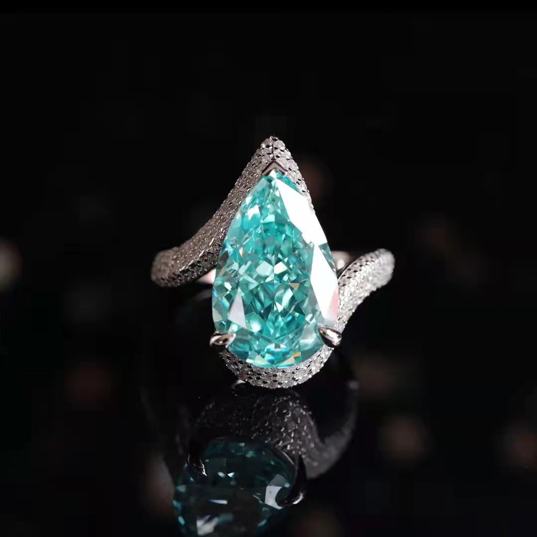 Simulated Paraiba Tourmaline Pear-Shaped Open Ring with Large Carat Colored Gemstones