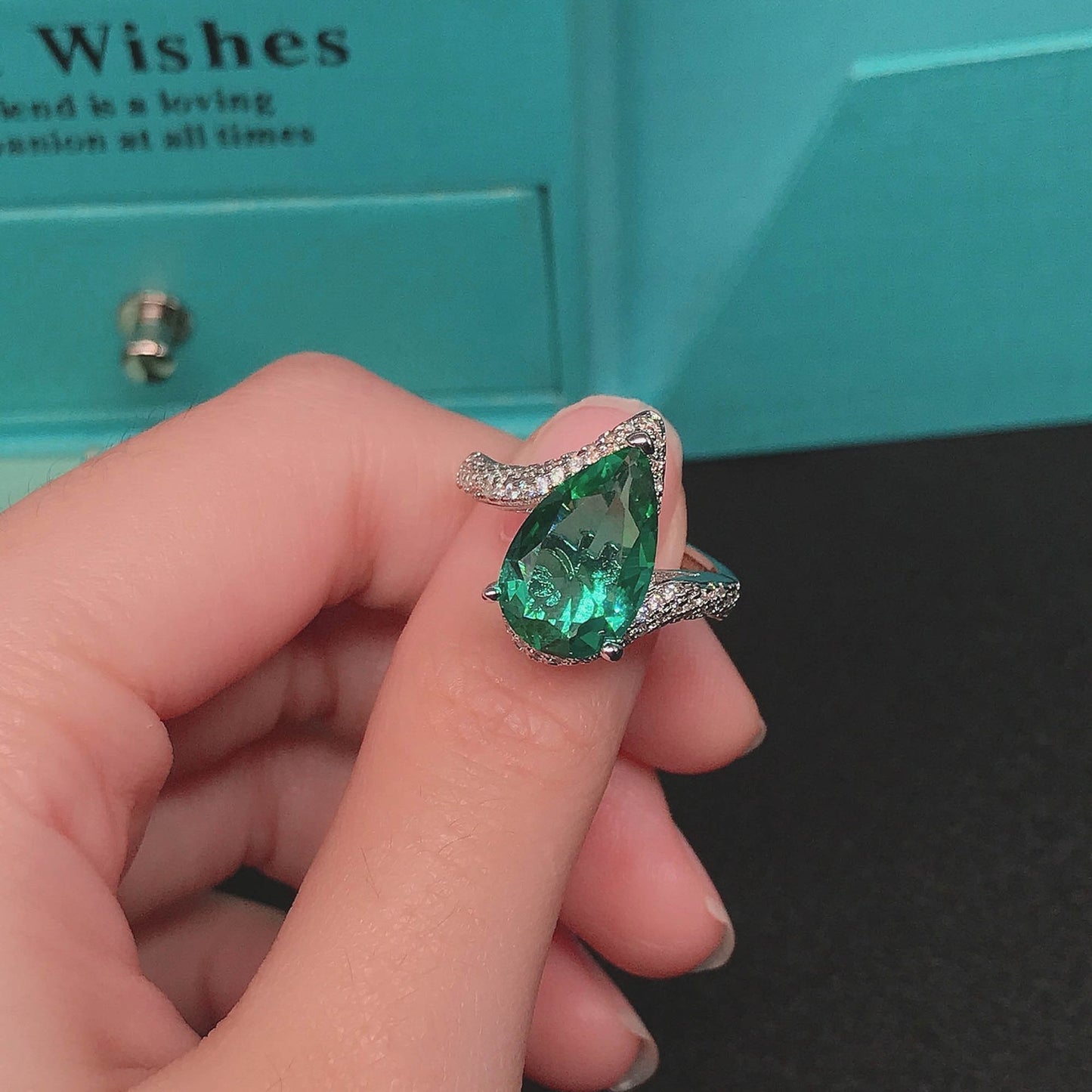 Simulated Paraiba Tourmaline Pear-Shaped Open Ring with Large Carat Colored Gemstones