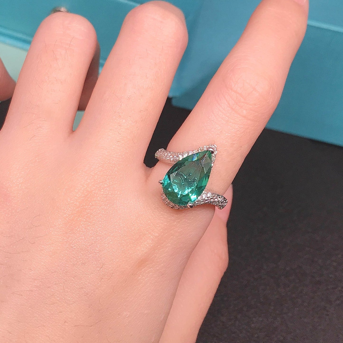 Simulated Paraiba Tourmaline Pear-Shaped Open Ring with Large Carat Colored Gemstones