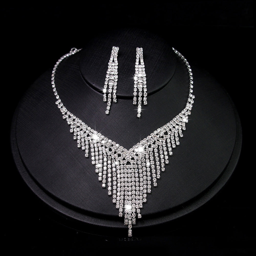 Luxurious Bridal Rhinestone Tassel Necklace and Earring Jewelry Set