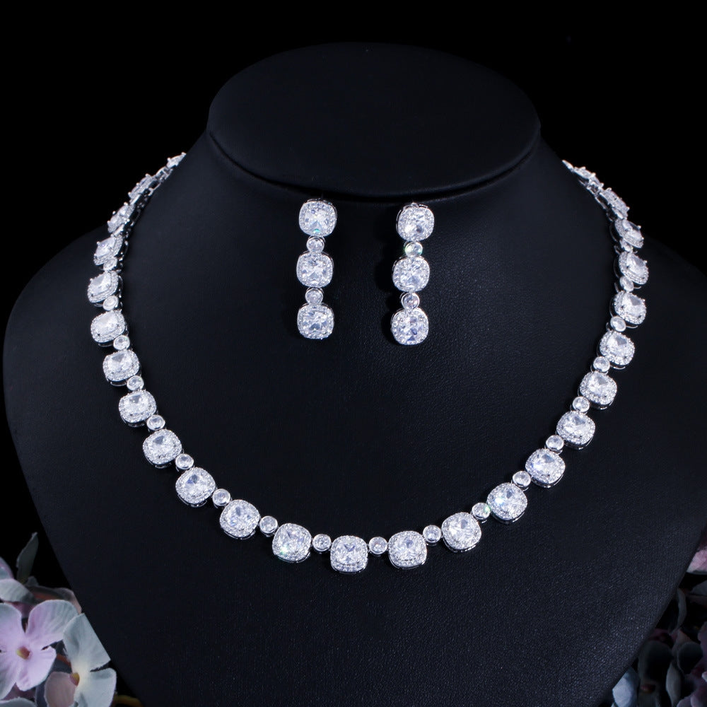 Luxurious Bridal Geometric Square Zirconia Necklace and Earrings Jewelry Set - 14k Gold, White Gold, Rhodium Plated