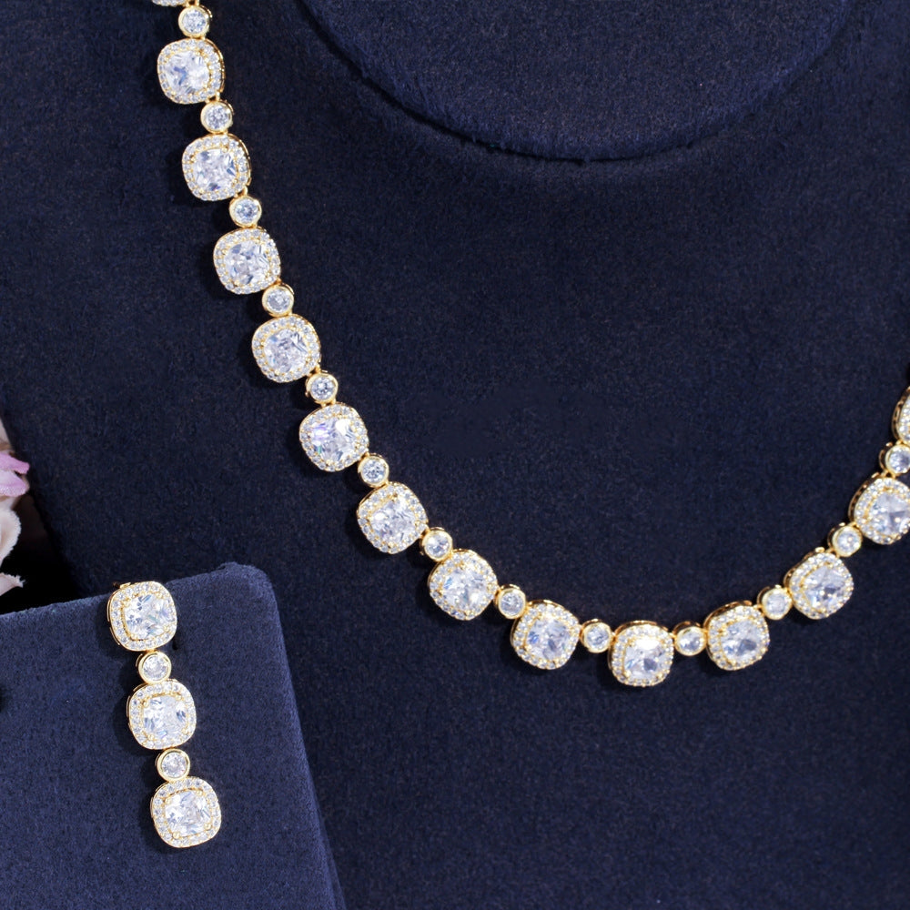 Luxurious Bridal Geometric Square Zirconia Necklace and Earrings Jewelry Set - 14k Gold, White Gold, Rhodium Plated