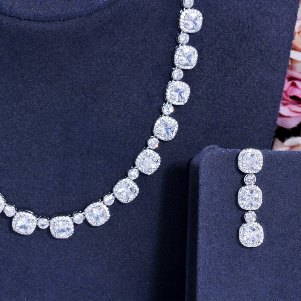 Luxurious Bridal Geometric Square Zirconia Necklace and Earrings Jewelry Set - 14k Gold, White Gold, Rhodium Plated