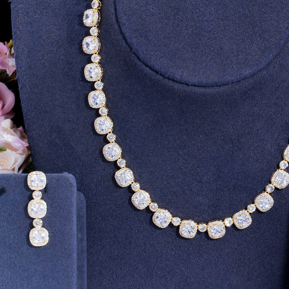 Luxurious Bridal Geometric Square Zirconia Necklace and Earrings Jewelry Set - 14k Gold, White Gold, Rhodium Plated