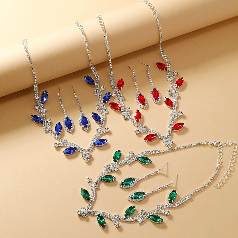 Luxurious Rhinestone Leaf Design Silver Plated Women's Earrings and Necklace Set