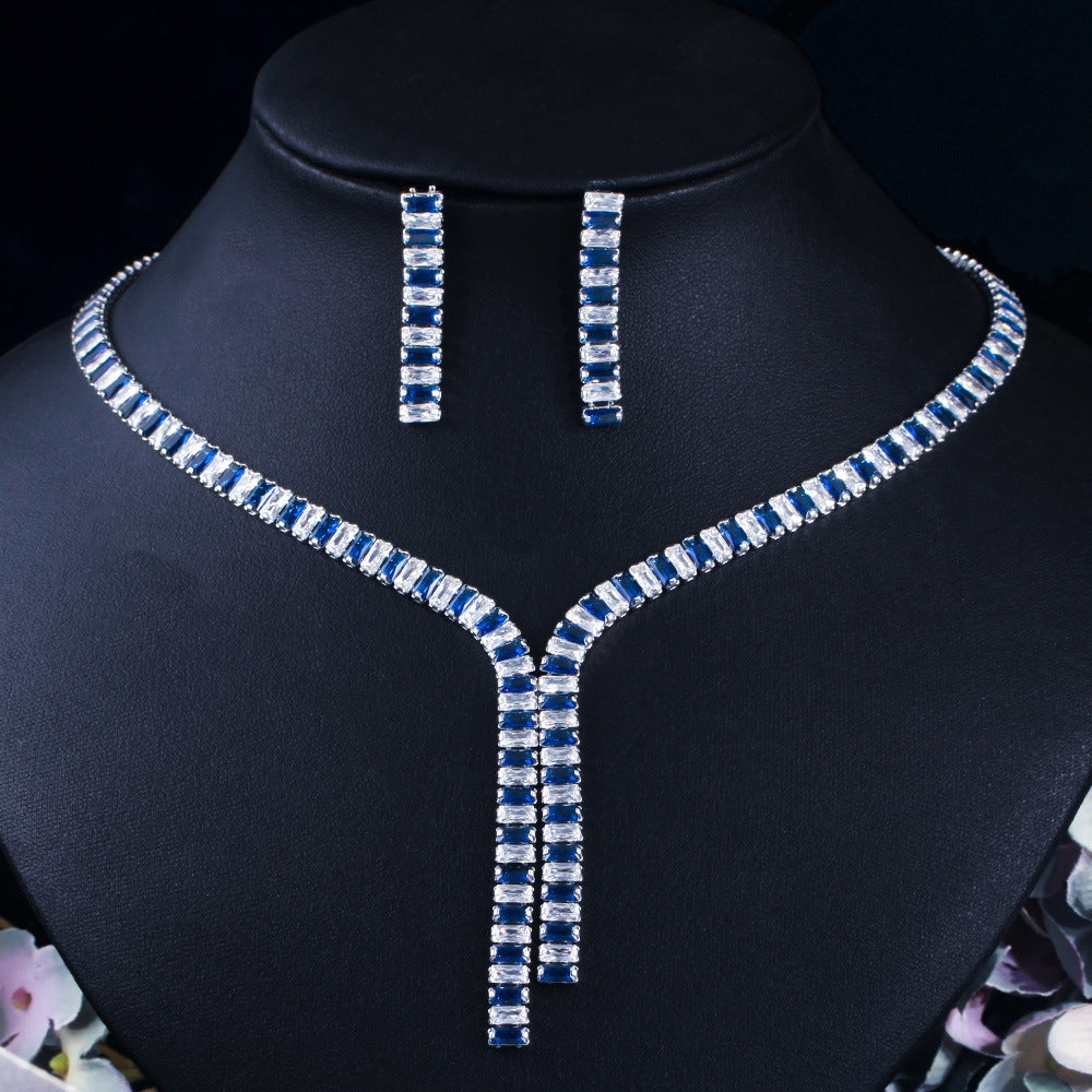 Luxurious Bridal White Gold Plated Rectangle Zirconia Necklace and Earring Set