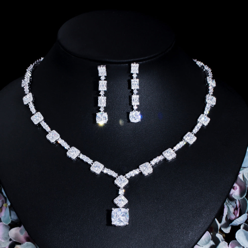 Luxurious Bridal White Gold Plated Gemstone Necklace and Earring Set