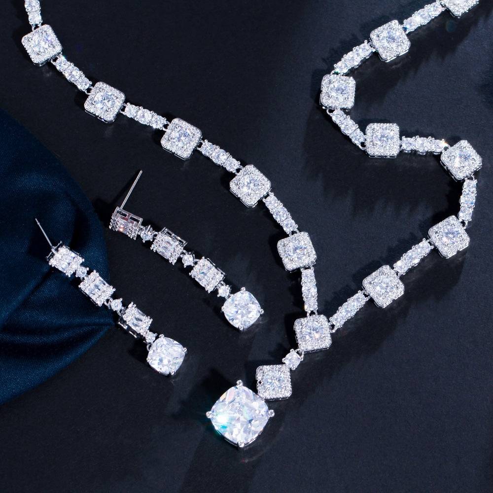 Luxurious Bridal White Gold Plated Gemstone Necklace and Earring Set