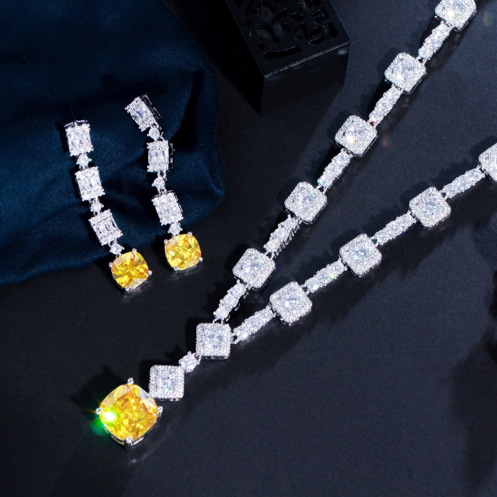 Luxurious Bridal White Gold Plated Gemstone Necklace and Earring Set