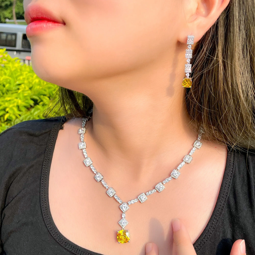 Luxurious Bridal White Gold Plated Gemstone Necklace and Earring Set