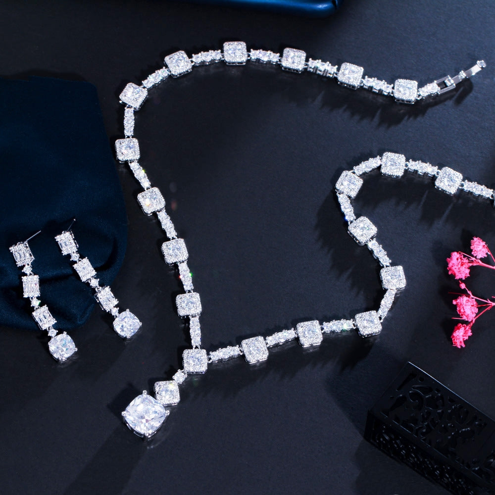 Luxurious Bridal White Gold Plated Gemstone Necklace and Earring Set