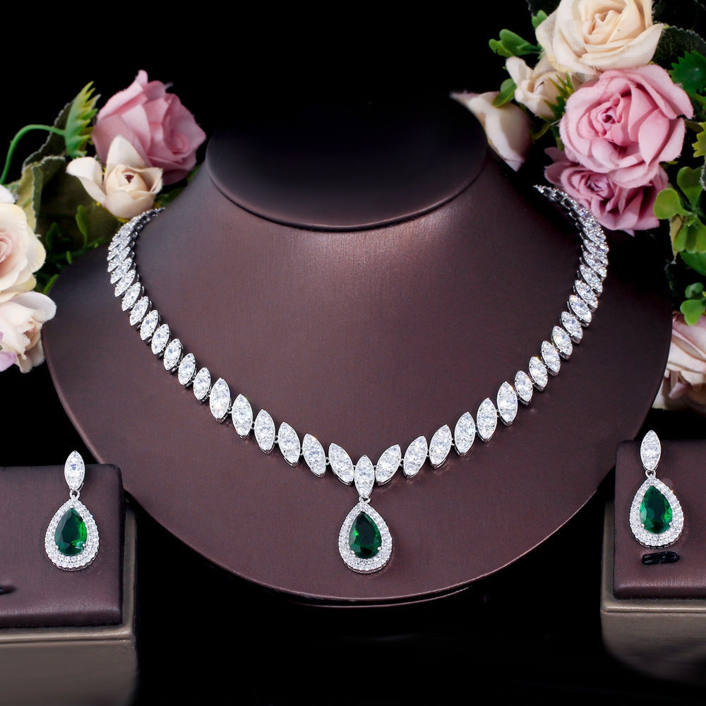 Luxurious Bridal White Gold Plated Jewelry Set with Inlaid Artificial Gemstones and Zirconia Necklace & Earrings