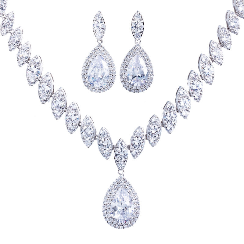 Luxurious Bridal White Gold Plated Jewelry Set with Inlaid Artificial Gemstones and Zirconia Necklace & Earrings