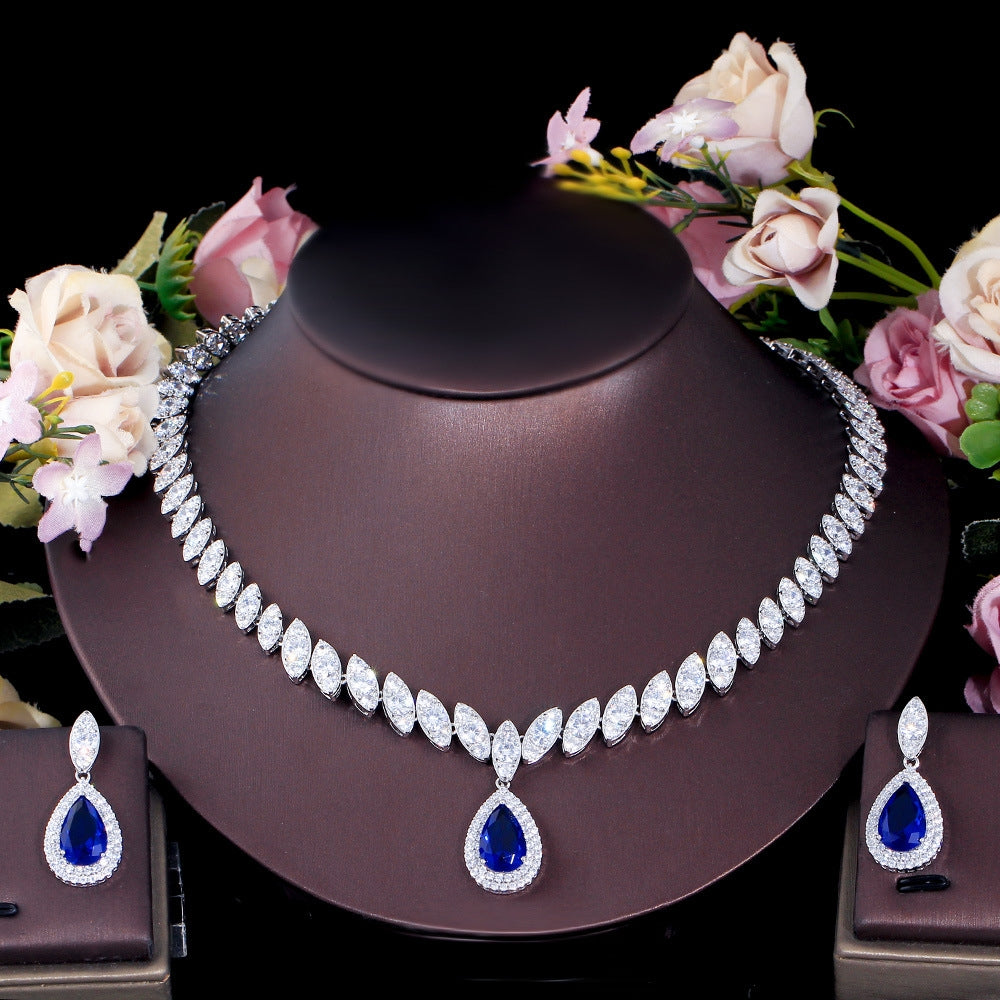 Luxurious Bridal White Gold Plated Jewelry Set with Inlaid Artificial Gemstones and Zirconia Necklace & Earrings