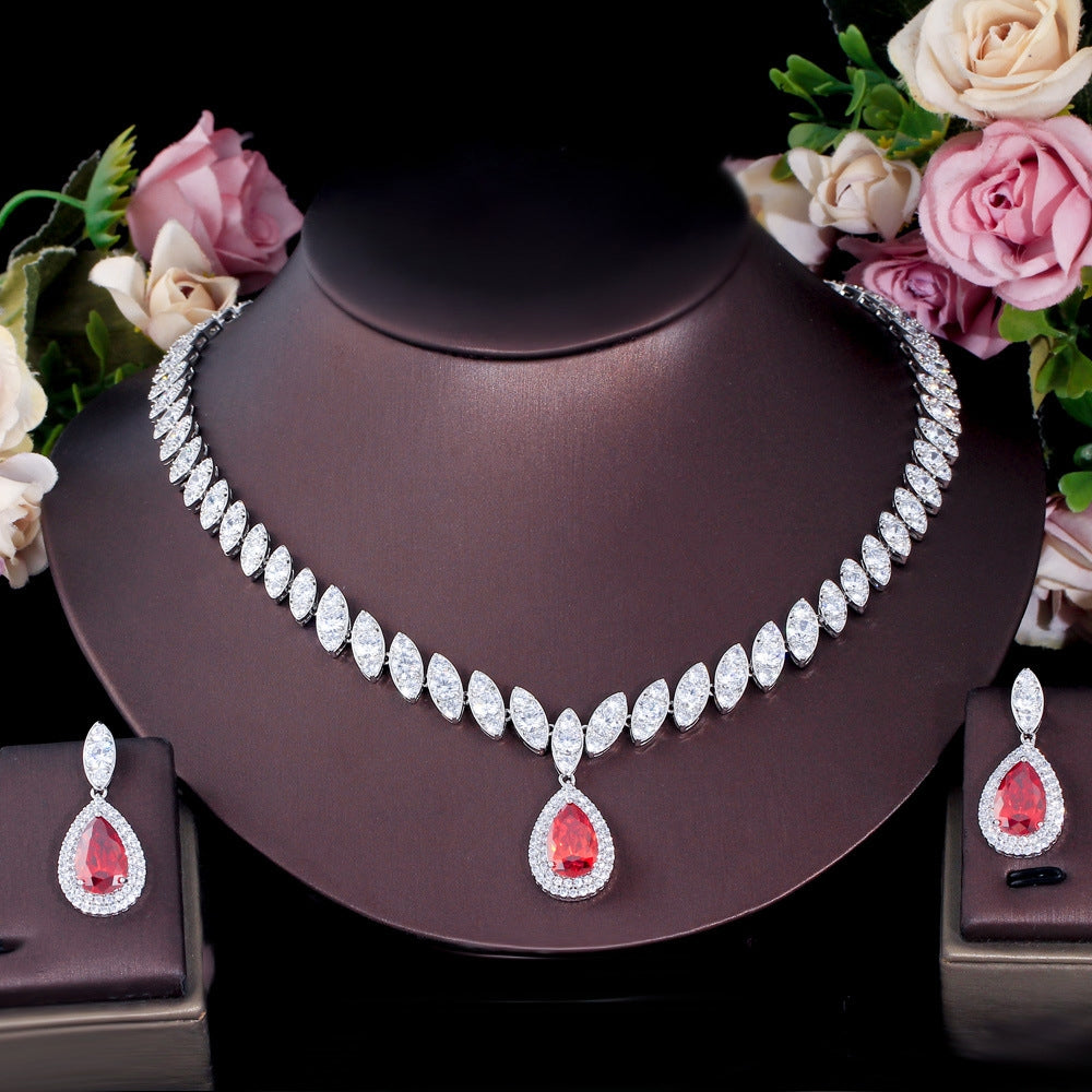 Luxurious Bridal White Gold Plated Jewelry Set with Inlaid Artificial Gemstones and Zirconia Necklace & Earrings