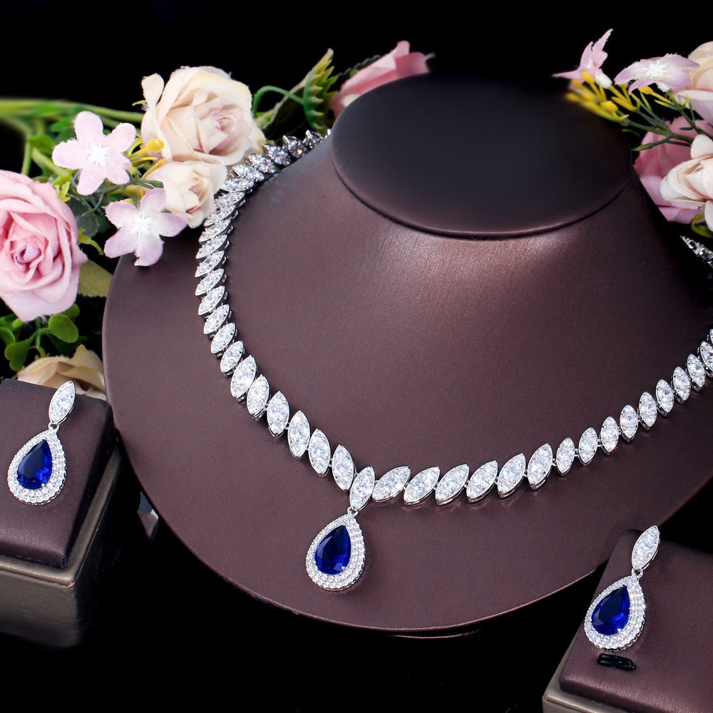 Luxurious Bridal White Gold Plated Jewelry Set with Inlaid Artificial Gemstones and Zirconia Necklace & Earrings