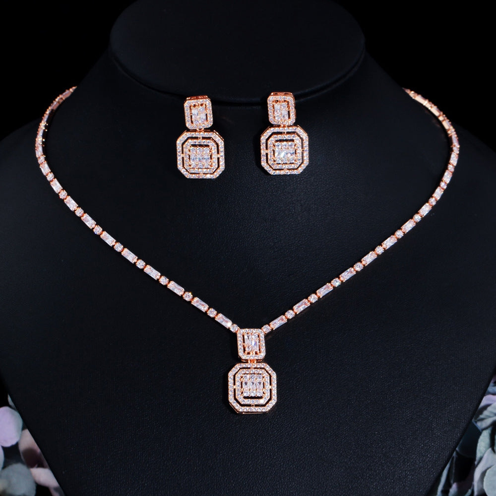 Luxurious Bridal Square Zirconia Jewelry Set in White Gold Plated Copper