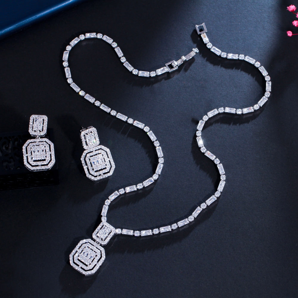 Luxurious Bridal Square Zirconia Jewelry Set in White Gold Plated Copper