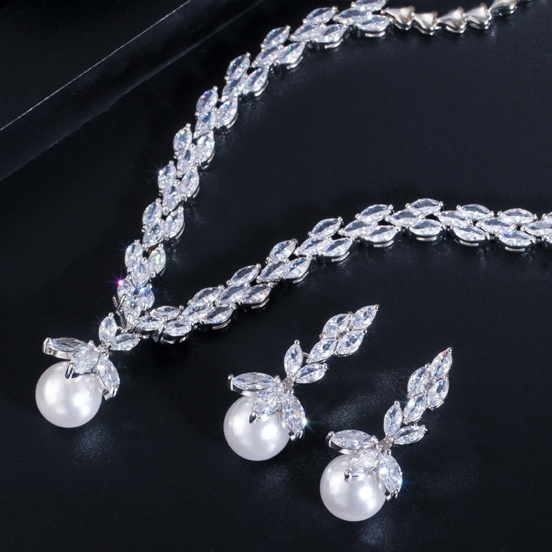 Luxurious Bridal Water Droplet Gemstone & Pearl Jewelry Set - White Gold & Rhodium Plated