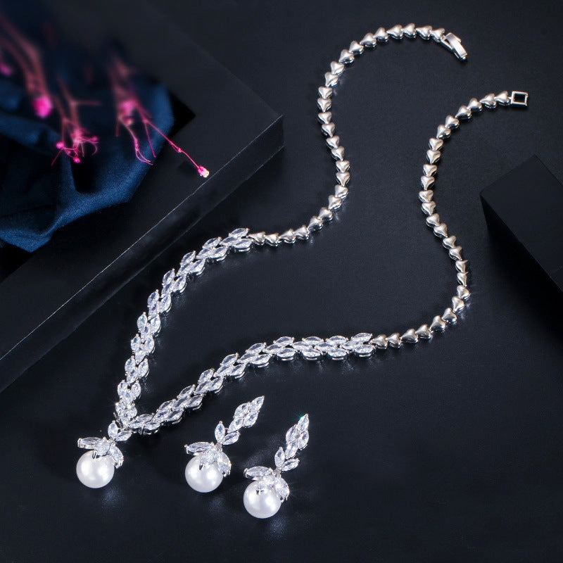 Luxurious Bridal Water Droplet Gemstone & Pearl Jewelry Set - White Gold & Rhodium Plated