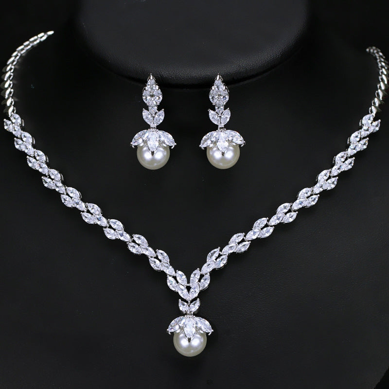 Luxurious Bridal Water Droplet Gemstone & Pearl Jewelry Set - White Gold & Rhodium Plated