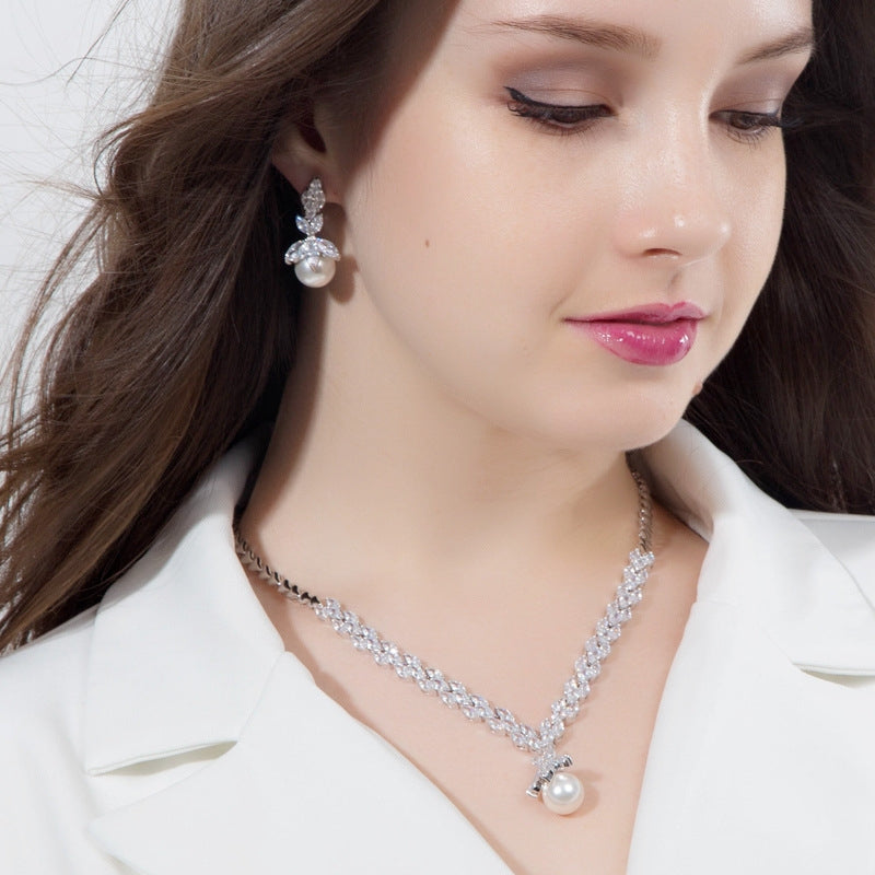 Luxurious Bridal Water Droplet Gemstone & Pearl Jewelry Set - White Gold & Rhodium Plated