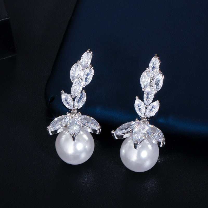 Luxurious Bridal Water Droplet Gemstone & Pearl Jewelry Set - White Gold & Rhodium Plated