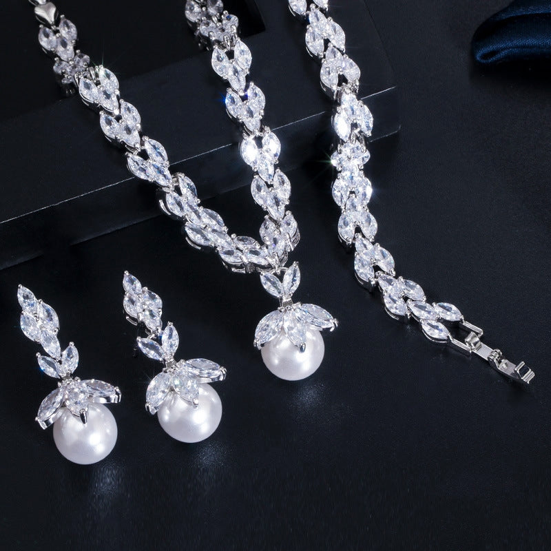 Luxurious Bridal Water Droplet Gemstone & Pearl Jewelry Set - White Gold & Rhodium Plated