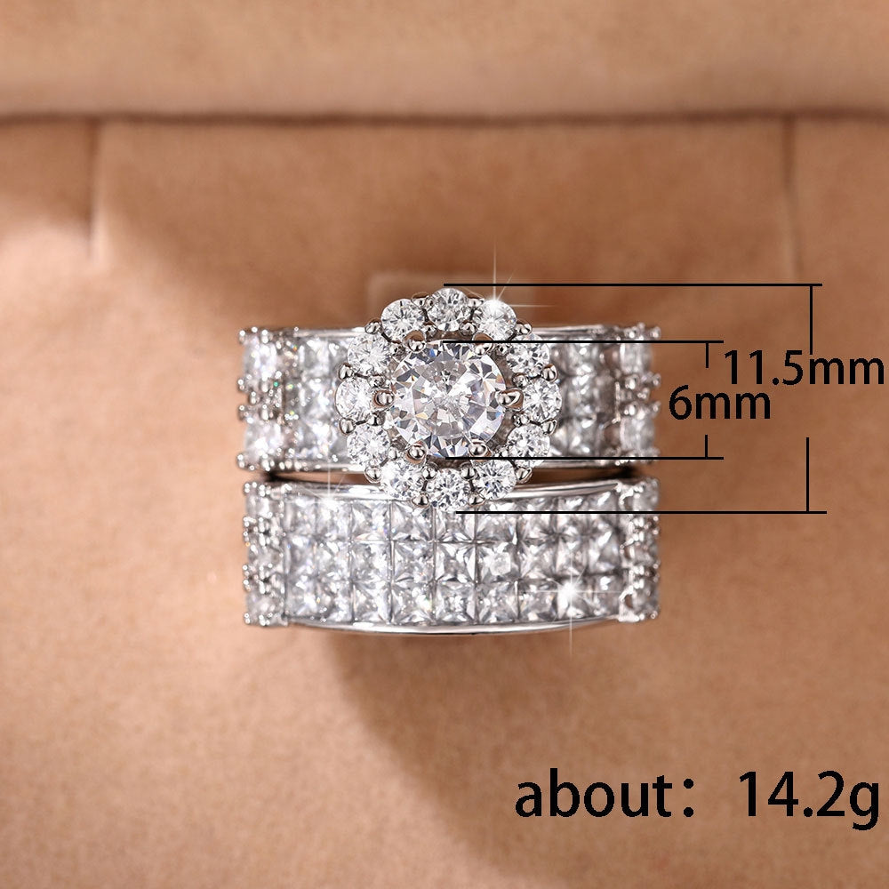 Luxurious Shiny Zircon Flower Engagement Ring Set in White Gold Plated Copper