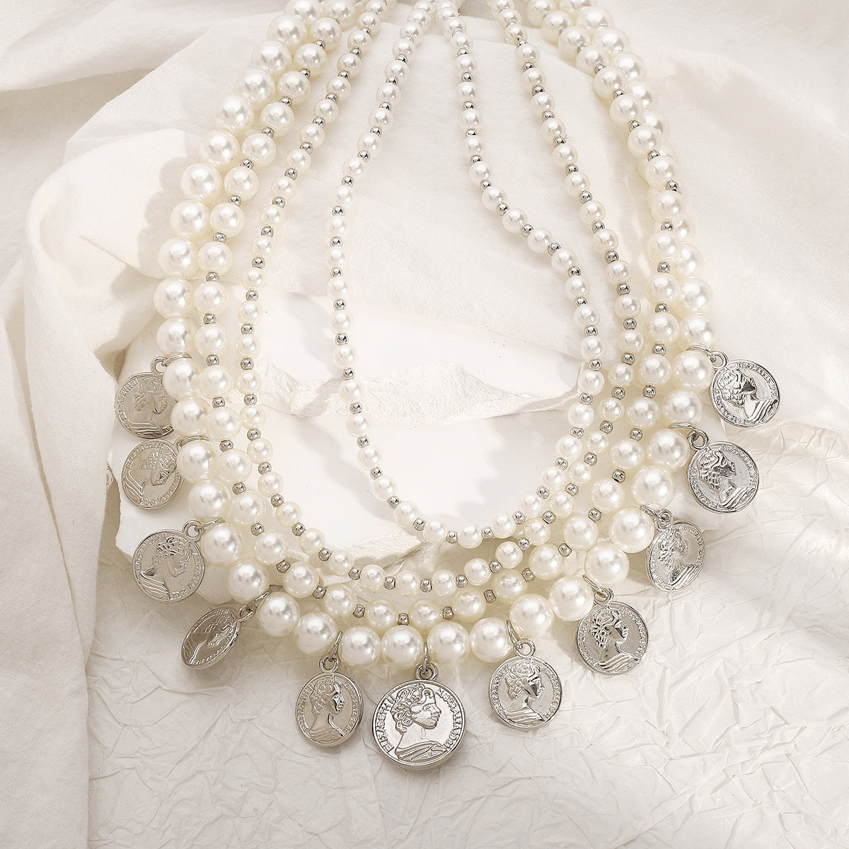 Luxurious Layered Imitation Pearl Tassel Coin Pendant Necklace