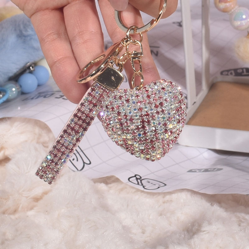 Luxurious Heart Shape Alloy Women's Bag Pendant Keychain with Rhinestone Charm