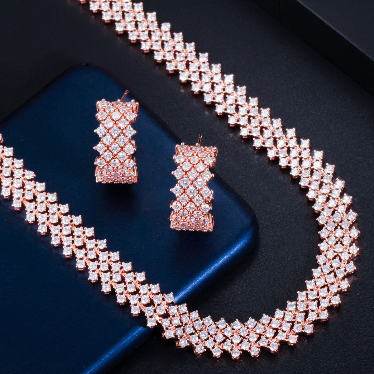 Luxurious Bridal Jewelry Set with Quadrilateral Artificial Gemstones and AAA Zirconia Necklace and Earrings, 14k Gold and Rhodium Plated