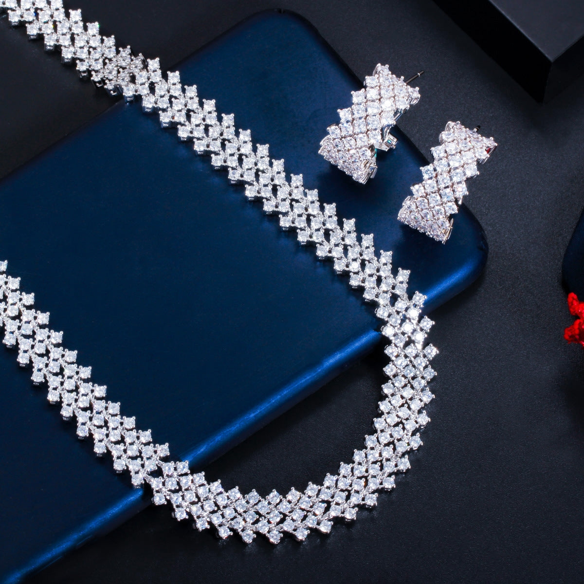 Luxurious Bridal Jewelry Set with Quadrilateral Artificial Gemstones and AAA Zirconia Necklace and Earrings, 14k Gold and Rhodium Plated