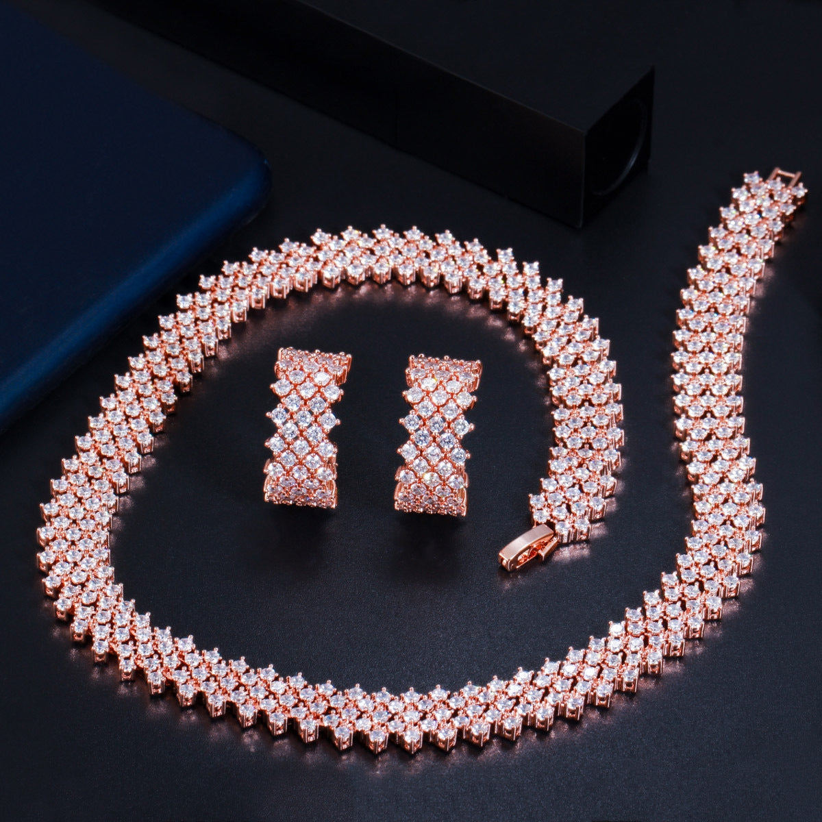 Luxurious Bridal Jewelry Set with Quadrilateral Artificial Gemstones and AAA Zirconia Necklace and Earrings, 14k Gold and Rhodium Plated