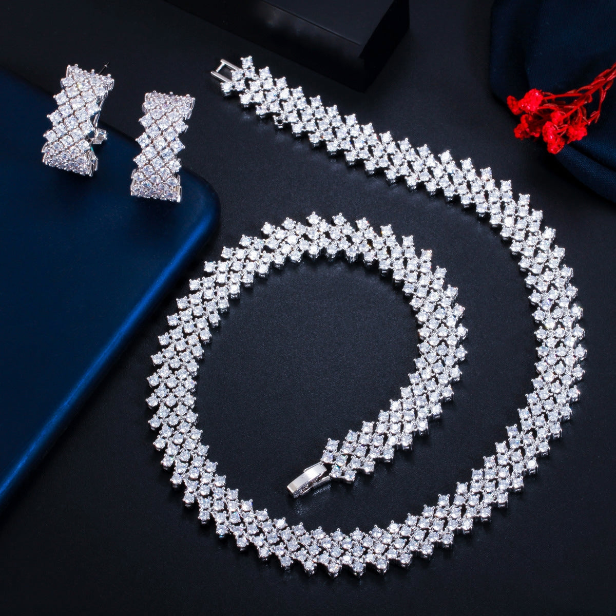 Luxurious Bridal Jewelry Set with Quadrilateral Artificial Gemstones and AAA Zirconia Necklace and Earrings, 14k Gold and Rhodium Plated