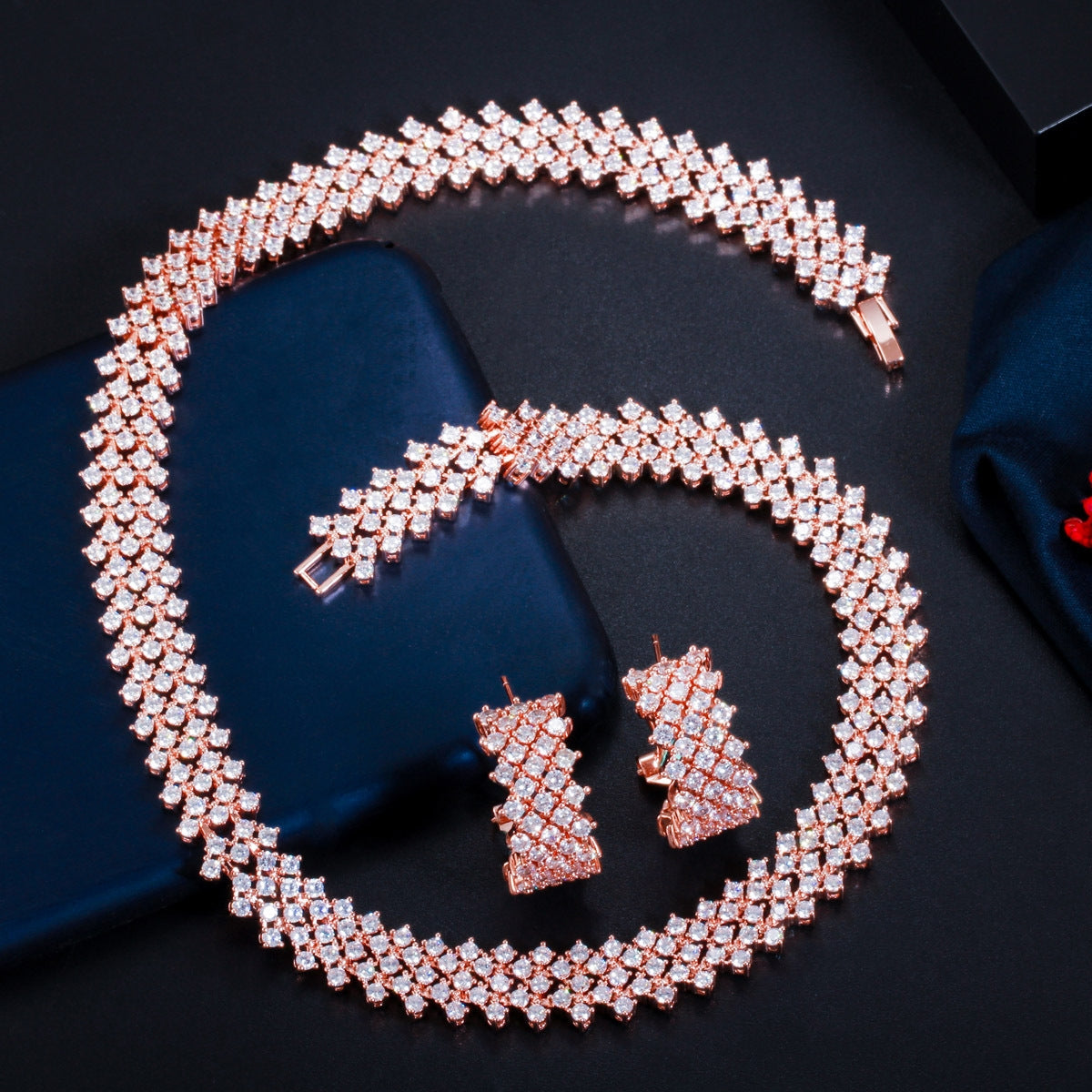 Luxurious Bridal Jewelry Set with Quadrilateral Artificial Gemstones and AAA Zirconia Necklace and Earrings, 14k Gold and Rhodium Plated