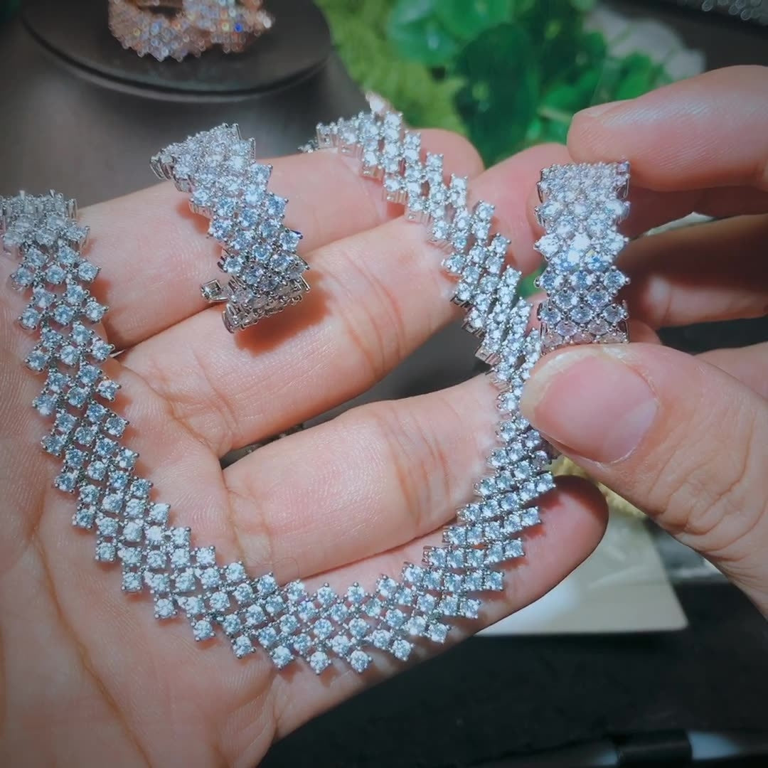 Luxurious Bridal Jewelry Set with Quadrilateral Artificial Gemstones and AAA Zirconia Necklace and Earrings, 14k Gold and Rhodium Plated