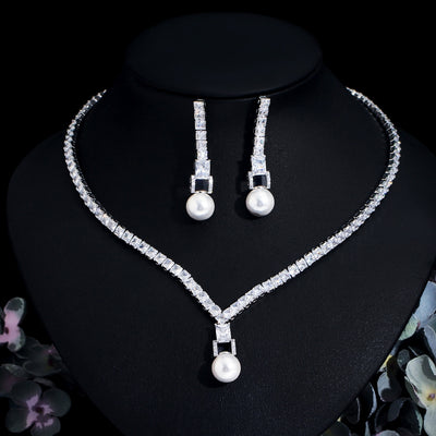 Luxurious Bridal Jewelry Set with Artificial Gemstones and Pearls - White Gold and Rhodium Plated Necklace and Earrings