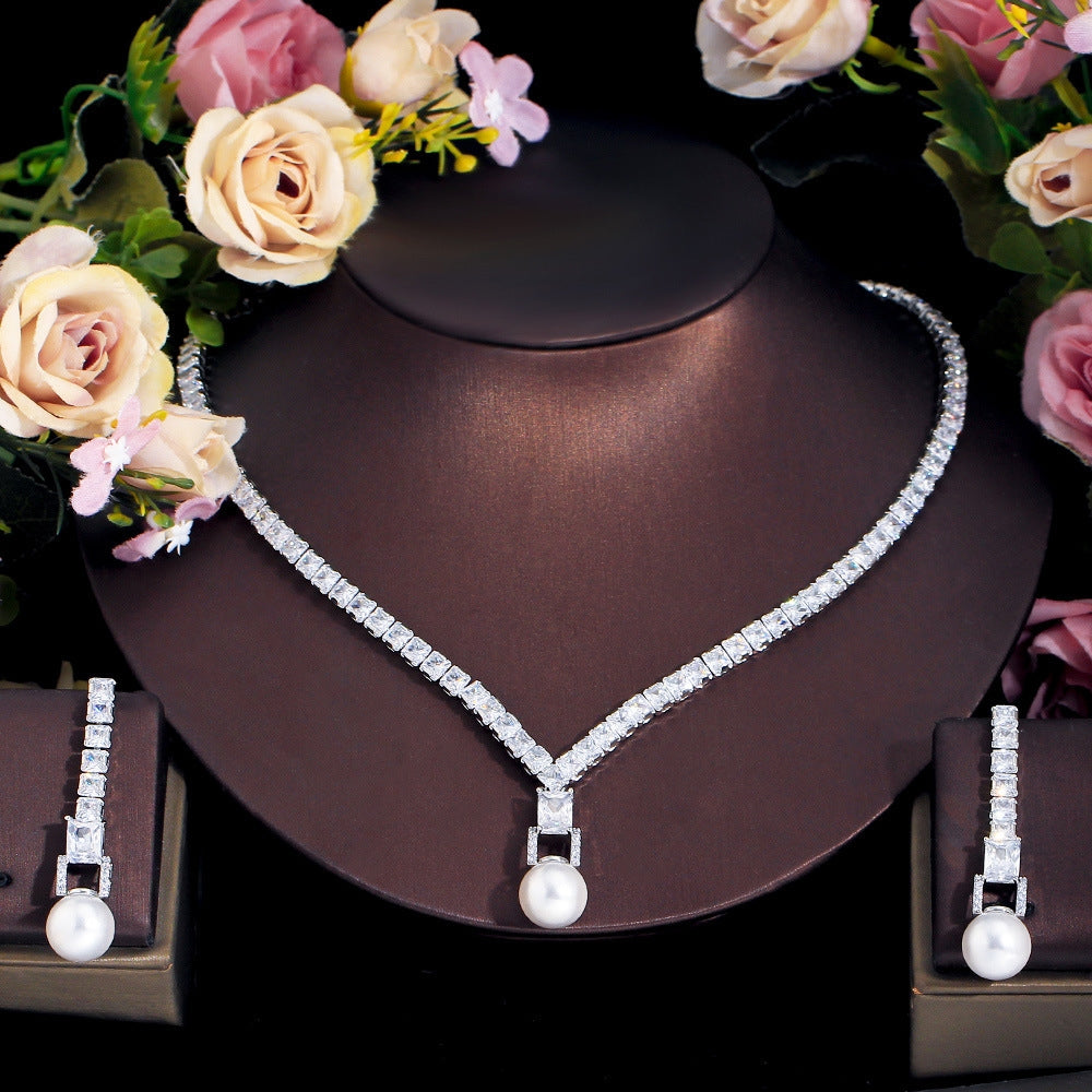 Luxurious Bridal Jewelry Set with Artificial Gemstones and Pearls - White Gold and Rhodium Plated Necklace and Earrings