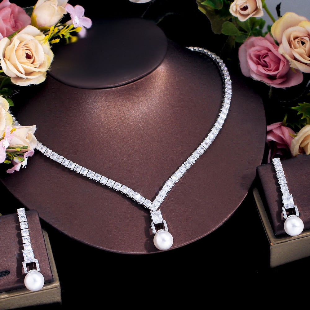 Luxurious Bridal Jewelry Set with Artificial Gemstones and Pearls - White Gold and Rhodium Plated Necklace and Earrings