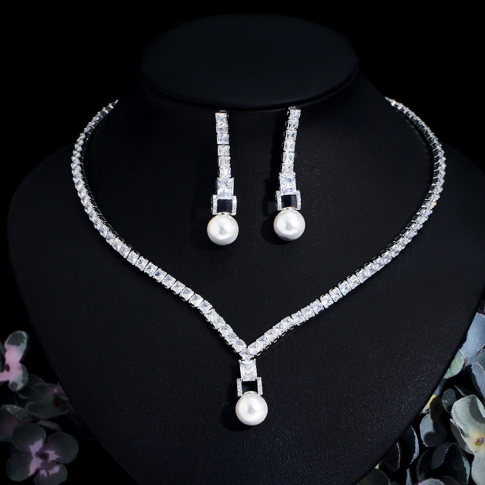 Luxurious Bridal Jewelry Set with Artificial Gemstones and Pearls - White Gold and Rhodium Plated Necklace and Earrings