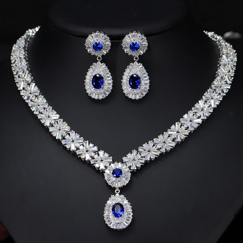 Luxurious Bridal Jewelry Set with Artificial Gemstones and AAA Zircon Necklace in White Gold and Rhodium Plating