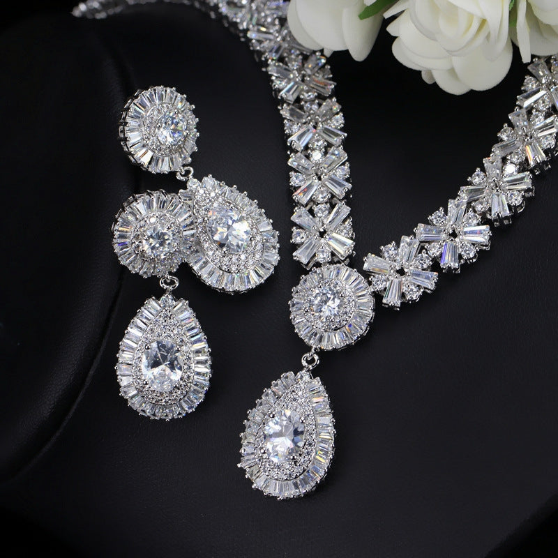 Luxurious Bridal Jewelry Set with Artificial Gemstones and AAA Zircon Necklace in White Gold and Rhodium Plating