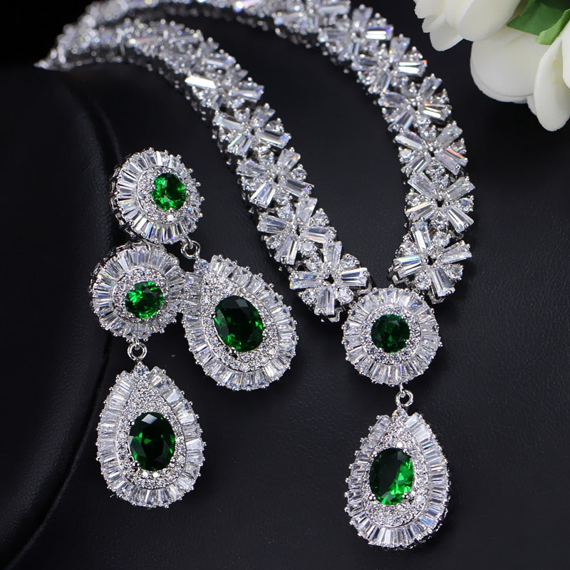 Luxurious Bridal Jewelry Set with Artificial Gemstones and AAA Zircon Necklace in White Gold and Rhodium Plating