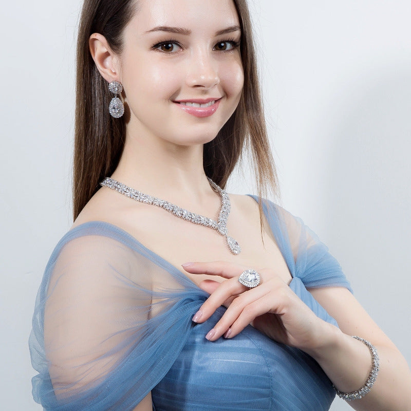 Luxurious Bridal Jewelry Set with Artificial Gemstones and AAA Zircon Necklace in White Gold and Rhodium Plating