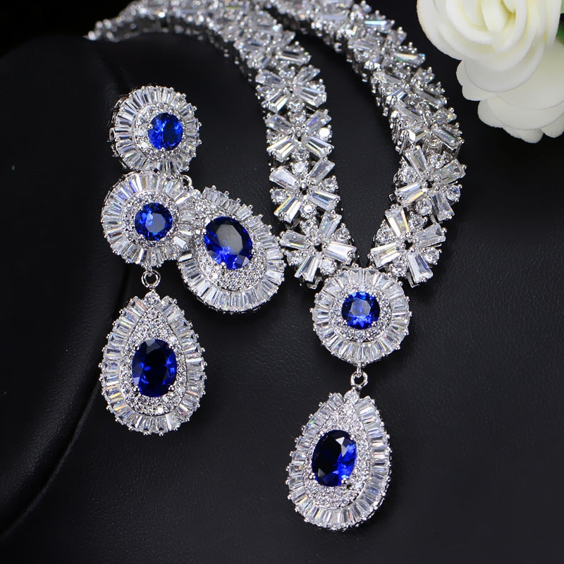 Luxurious Bridal Jewelry Set with Artificial Gemstones and AAA Zircon Necklace in White Gold and Rhodium Plating