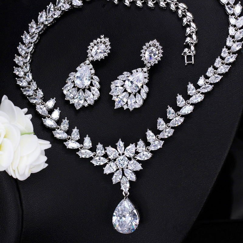 Luxurious Bridal Water Droplet Tassel Zirconia Earrings and White Gold Plated Jewelry Set