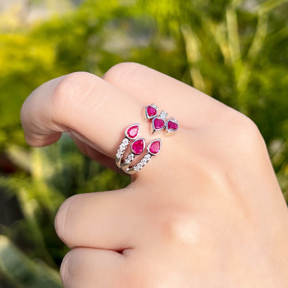 Luxurious Water Droplet Ruby Zirconia Open Ring in White Gold and Rhodium Plating