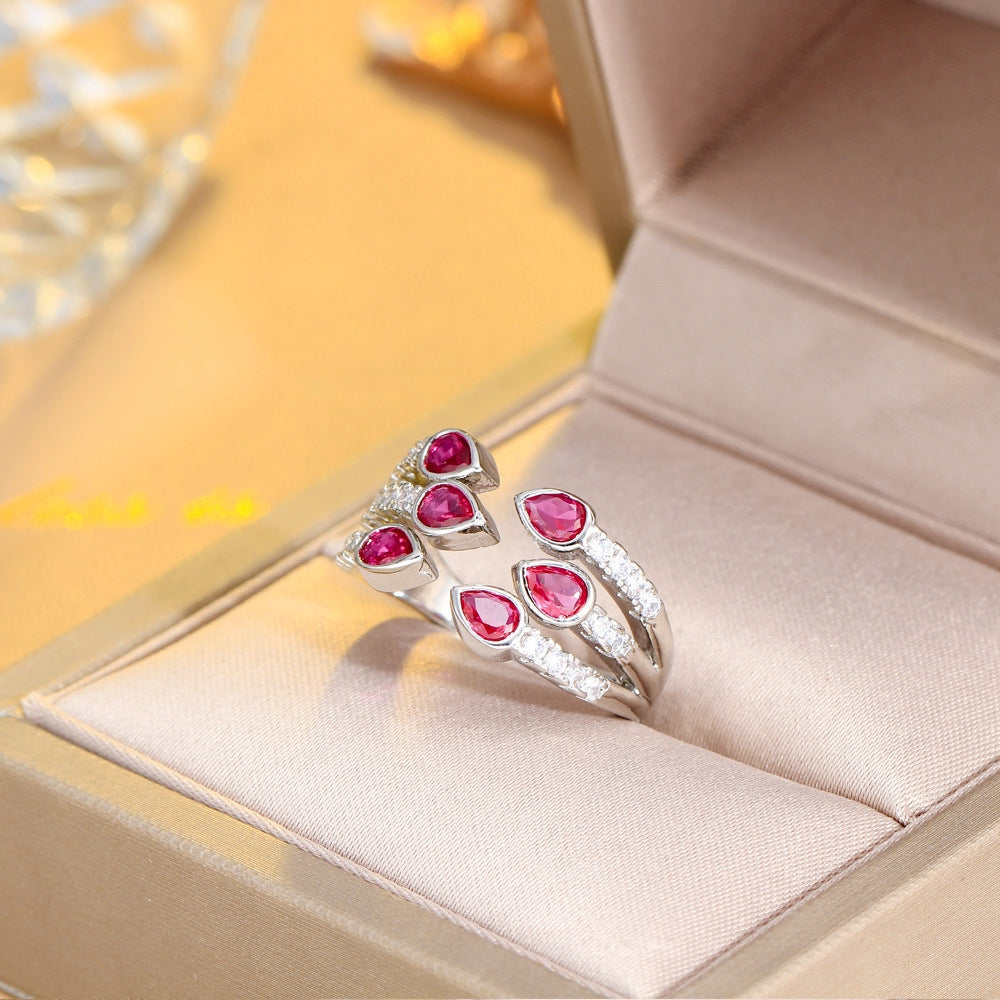 Luxurious Water Droplet Ruby Zirconia Open Ring in White Gold and Rhodium Plating