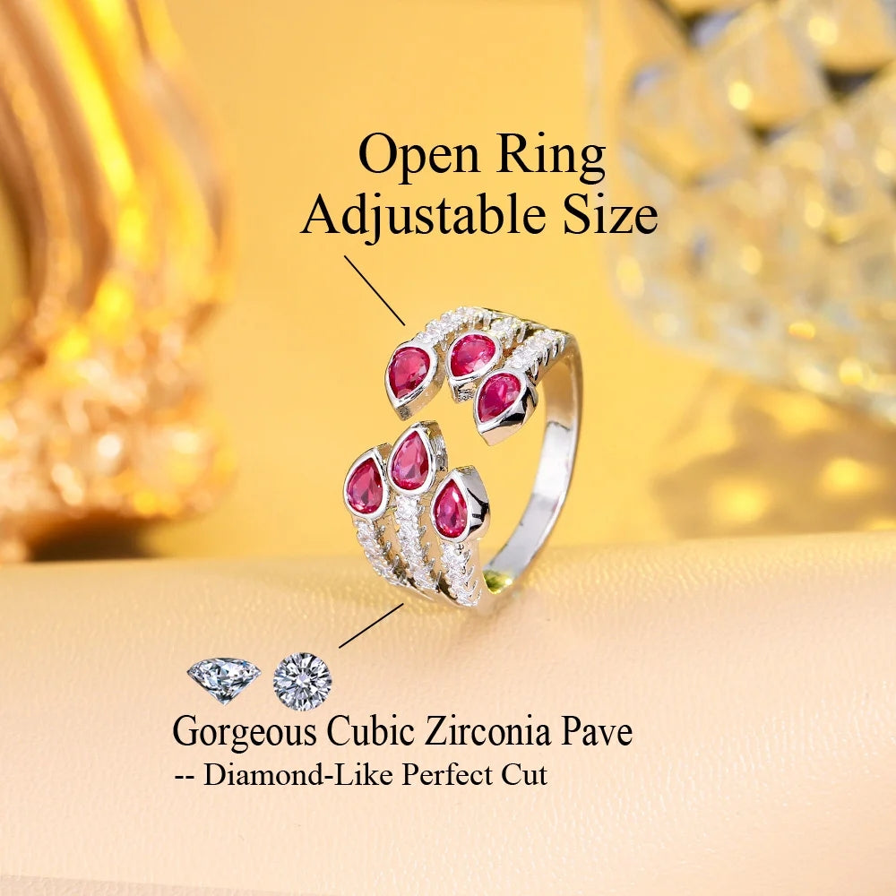 Luxurious Water Droplet Ruby Zirconia Open Ring in White Gold and Rhodium Plating